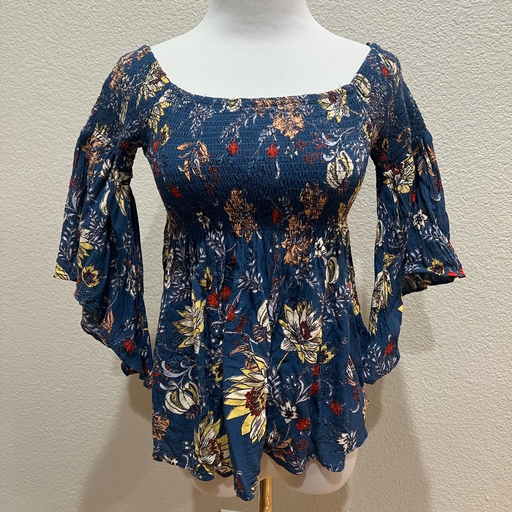 Angie Smocked Babydoll Blue Floral Top, S